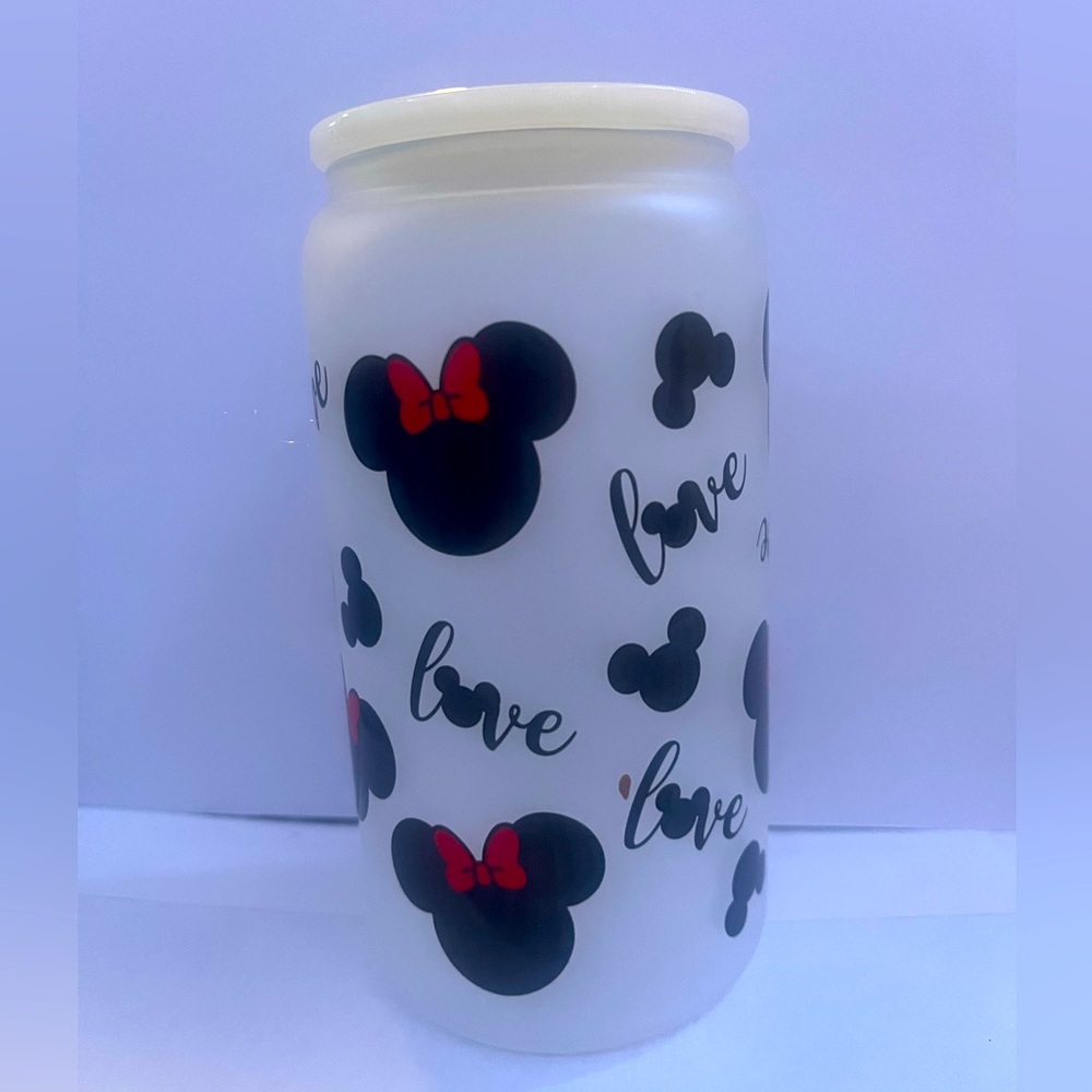 16 Oz. Libby Frosted Glass Cup/Minnie Mouse/love
